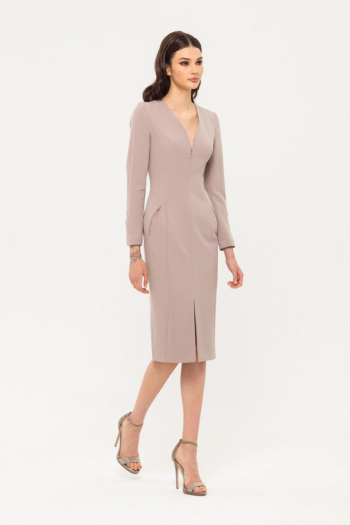 beige office dress This is a Beige with obvious uniqueness! Not washed! Not dull! Very clean . Very pretty Dress type:- Corporate Chic Color :- BEIGE ( coffee taped ) Material:-Work fabric Length:-