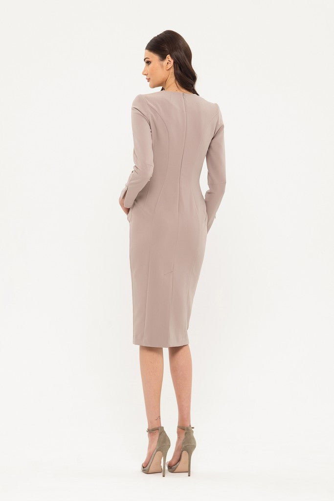 Beige Office Fitted V-neck 3/4 Sleeves Below Knee Dress with Pockets BGL - online store women's clothing Beige Office Fitted V-neck 3/4 Sleeves Below Knee Dress with Pockets BGL - online store women's clothing
