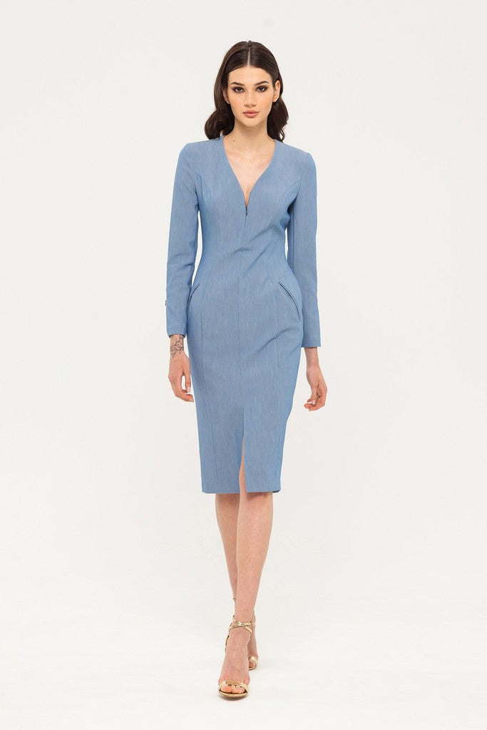 Blue Office Fitted V-neck 3/4 Sleeves Below Knee Dress with Pockets