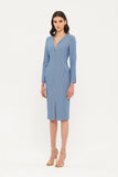 Blue Office Fitted V-neck 3/4 Sleeves Below Knee Dress with Pockets