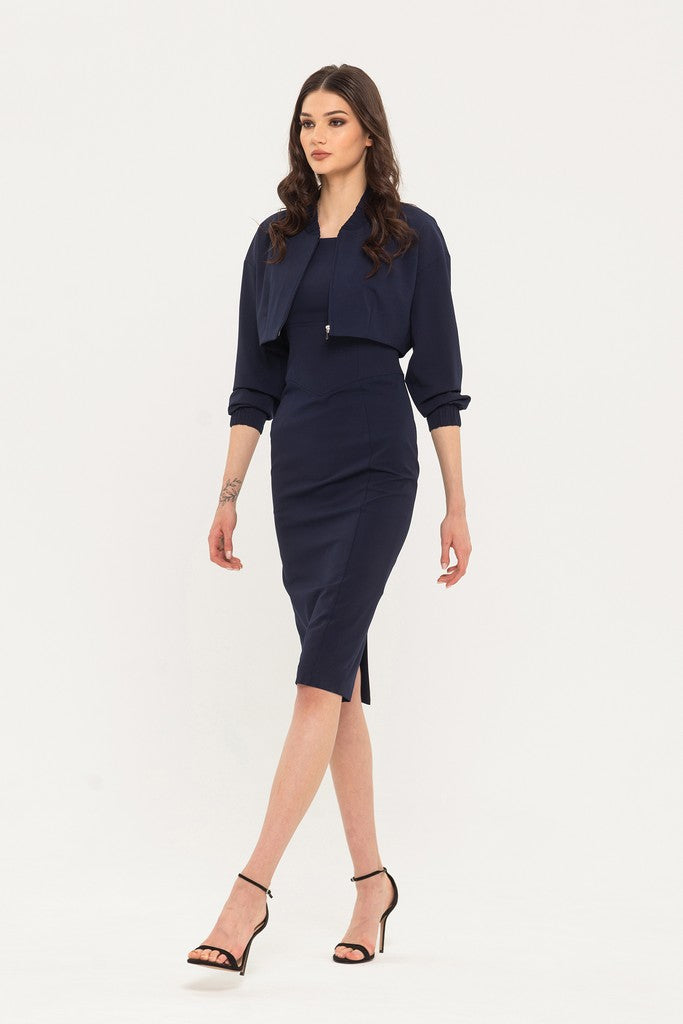 Dark Blue Office Set (Short Jacket and Fitted Squareneck