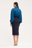 Blue Office Midi Pencil Skirt with Belt