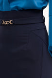 Blue Office Midi Pencil Skirt with Belt