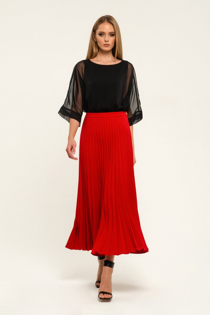Red Office Pleated Tea Skirt