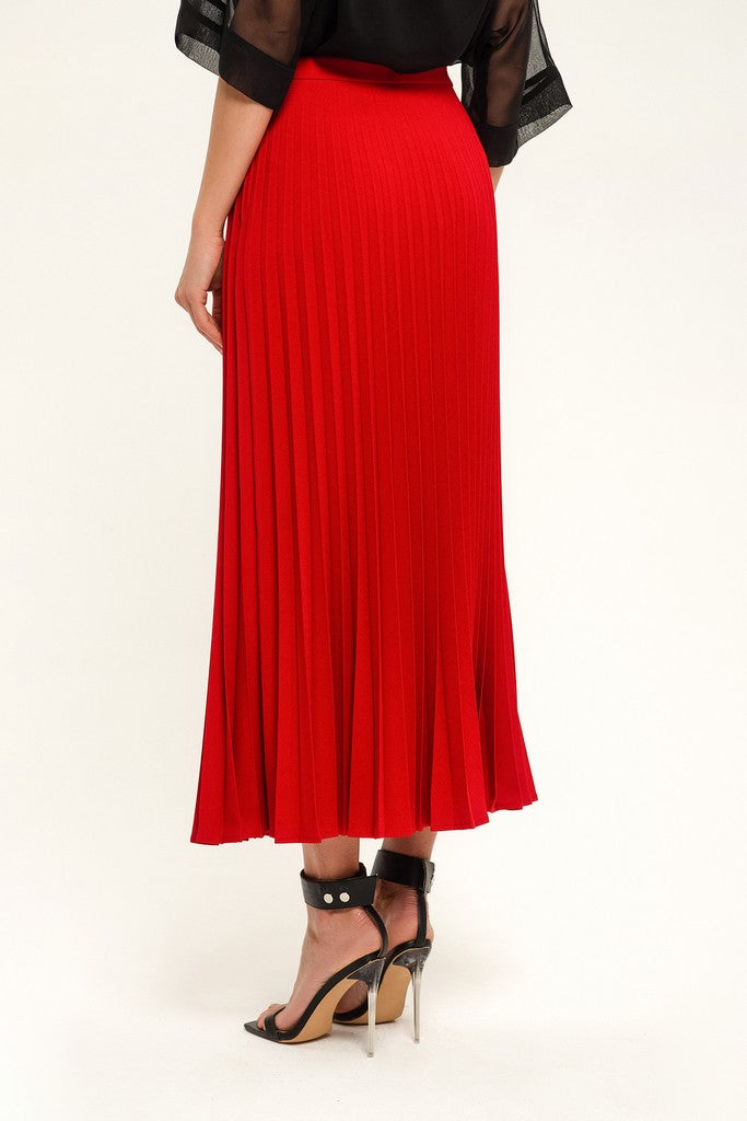 Red Office Pleated Tea Skirt